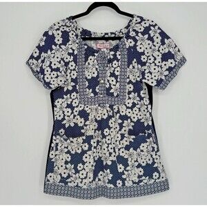 Koi By Kathy Peterson Womens Scrub Top Size S Blue White Floral Medical Nurse
